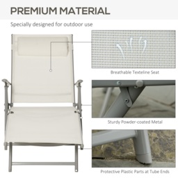 Outsunny Garden Sun Lounger: Foldable Reclining Chair with Pillow, Texteline Fabric, Adjustable Backrest, Cream White - Aosom UK - thumbnail 7