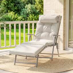 Outsunny Garden Sun Lounger: Foldable Reclining Chair with Pillow, Texteline Fabric, Adjustable Backrest, Cream White - Aosom UK - thumbnail 2