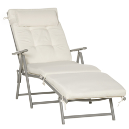 Outsunny Garden Sun Lounger: Foldable Reclining Chair with Pillow, Texteline Fabric, Adjustable Backrest, Cream White - Aosom UK - thumbnail 1