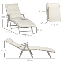 Outsunny Garden Sun Lounger: Foldable Reclining Chair with Pillow, Texteline Fabric, Adjustable Backrest, Cream White - Aosom UK - thumbnail 3