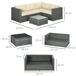Outsunny 3Pcs Rattan Garden Furniture 4 Seater Outdoor Patio Corner Sofa Chair Set with Coffee Table Thick Cushions, Beige - thumbnail 3