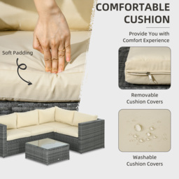 Outsunny 3Pcs Rattan Garden Furniture 4 Seater Outdoor Patio Corner Sofa Chair Set with Coffee Table Thick Cushions, Beige - thumbnail 5