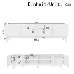 Elegant TV Cabinet with Curved Doors, Adjustable Shelves and Solid Wood Legs, TV Stand for Living Rooms, 169L x 34W x 45.5H cm, White - Aosom UK - thumbnail 3