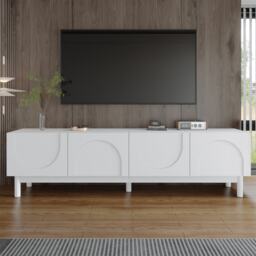 Elegant TV Cabinet with Curved Doors, Adjustable Shelves and Solid Wood Legs, TV Stand for Living Rooms, 169L x 34W x 45.5H cm, White - Aosom UK - thumbnail 4