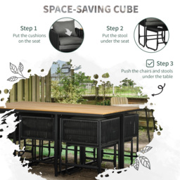 Outsunny Patio 11 PCs PE Rattan Dining Set, Garden Round Wicker 10-seater Table & Chair Sets, with Wood Grain Plastic Top, Space-saving Design Black - thumbnail 7