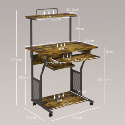 HOMCOM Mobile Computer Desk w/ Keyboard Tray, Rolling Study Table w/ Storage Shelves & Wheels, Writing Desk for Home Office, Rustic Brown - Aosom UK - thumbnail 3
