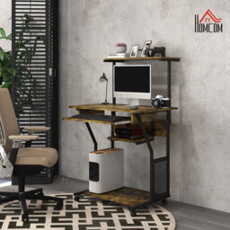 HOMCOM Mobile Computer Desk w/ Keyboard Tray, Rolling Study Table w/ Storage Shelves & Wheels, Writing Desk for Home Office, Rustic Brown - Aosom UK - thumbnail 6