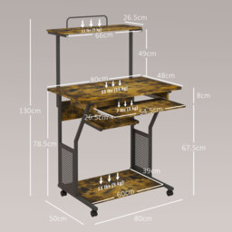 HOMCOM Mobile Computer Desk w/ Keyboard Tray, Rolling Study Table w/ Storage Shelves & Wheels, Writing Desk for Home Office, Rustic Brown - Aosom UK - thumbnail 3