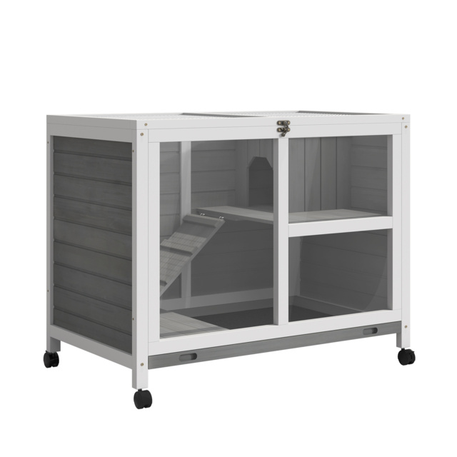 PawHut Wooden Rabbit Hutch Guinea Pigs House Bunny Small Animal Cage w/ Pull-out Tray Openable Roof Wheels 91.5 x 53.3 x 73 cm - Aosom UK - image 1