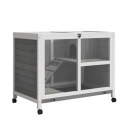 PawHut Wooden Rabbit Hutch Guinea Pigs House Bunny Small Animal Cage w/ Pull-out Tray Openable Roof Wheels 91.5 x 53.3 x 73 cm - Aosom UK