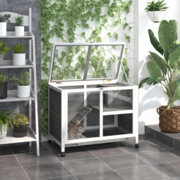 PawHut Wooden Rabbit Hutch Guinea Pigs House Bunny Small Animal Cage w/ Pull-out Tray Openable Roof Wheels 91.5 x 53.3 x 73 cm - Aosom UK - thumbnail 2