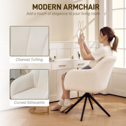 HOMCOM 360° Swivel Accent Chair, Teddy Fleece Fabric Armchair, Upholstered Tufted Vanity Chair with Steel Legs for Living Room, Bedroom, Home Office, White - thumbnail 6