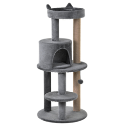PawHut Deluxe Cat Tree with 3-Tier, Scratching Posts, Play Ball, and Plush Toy for Climbing and Relaxing, Grey - Aosom UK - thumbnail 1