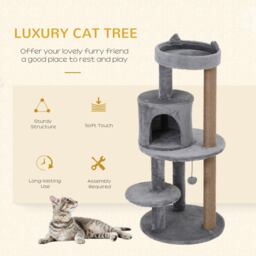 PawHut Deluxe Cat Tree with 3-Tier, Scratching Posts, Play Ball, and Plush Toy for Climbing and Relaxing, Grey - Aosom UK - thumbnail 4