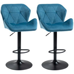 HOMCOM Bar Chair Set of 2, Velvet-Touch Bar Stools w/ Metal Frame Footrest Round Base, Adjustable Triangle Indenting Moulded Seat, Blue - Aosom UK