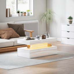 HOMCOM Coffee Table with Storage, High Gloss Living Room Table with LED, White - Aosom UK - thumbnail 2