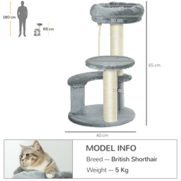 PawHut Cat Tree 65 cm, Kitty Scratcher, Kitten Activity Centre with 2 Perches & Hanging Sisal Rope, Grey - Aosom UK - thumbnail 3