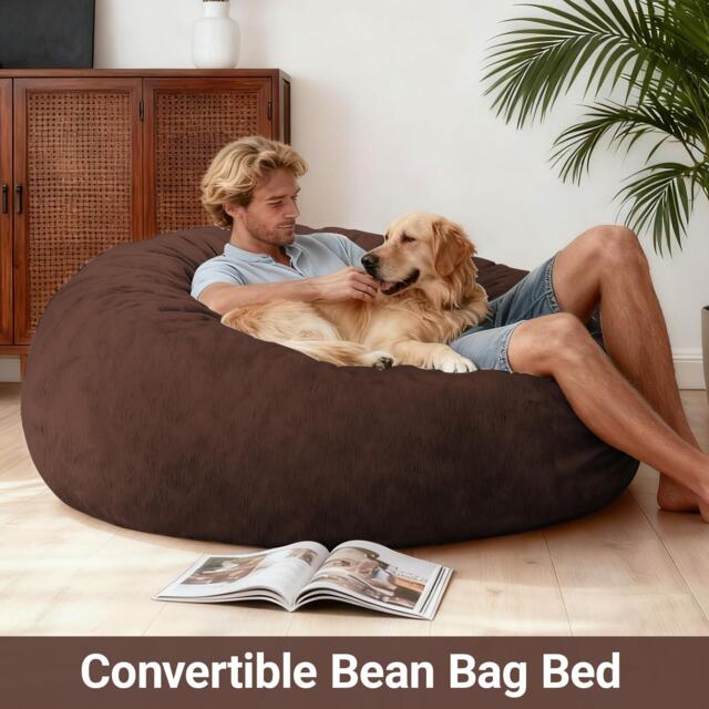 2-In-1 Convertible Bean Bag Chair Bed with Removable Machine-Washable Cover, Giant sofa with Soft Liner, 110L x 110W x 70H cm, Brown - Aosom UK - image 1