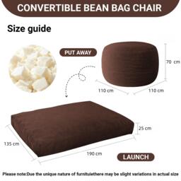 2-In-1 Convertible Bean Bag Chair Bed with Removable Machine-Washable Cover, Giant sofa with Soft Liner, 110L x 110W x 70H cm, Brown - Aosom UK - thumbnail 3