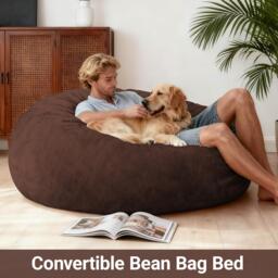 2-In-1 Convertible Bean Bag Chair Bed with Removable Machine-Washable Cover, Giant sofa with Soft Liner, 110L x 110W x 70H cm, Brown - Aosom UK - thumbnail 1