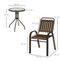 Outsunny 3 Pieces Patio Bistro Set with Stackable Chairs, Tempered Glass Table, for Outdoor, Balcony, Patio, Garden, Dark Brown - thumbnail 3