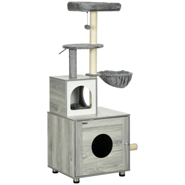 PawHut Enclosed Cat Litter Box with Cat House, Cat Bed, Scratching Posts, Platforms for Indoor Cats Use, Grey - image 1