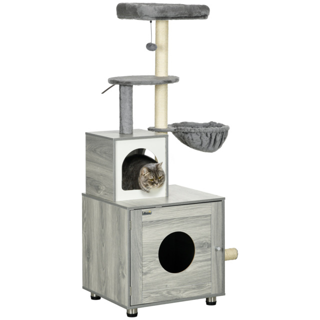 PawHut Enclosed Cat Litter Box with Cat House, Cat Bed, Scratching Posts, Platforms for Indoor Cats Use, Grey - image 1
