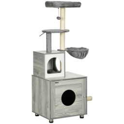 PawHut Enclosed Cat Litter Box with Cat House, Cat Bed, Scratching Posts, Platforms for Indoor Cats Use, Grey