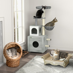PawHut Enclosed Cat Litter Box with Cat House, Cat Bed, Scratching Posts, Platforms for Indoor Cats Use, Grey - thumbnail 9