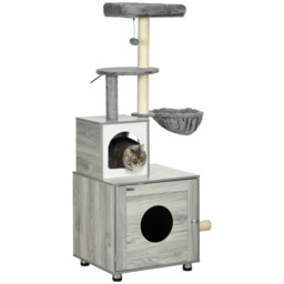 PawHut Enclosed Cat Litter Box with Cat House, Cat Bed, Scratching Posts, Platforms for Indoor Cats Use, Grey - thumbnail 1