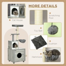 PawHut Enclosed Cat Litter Box with Cat House, Cat Bed, Scratching Posts, Platforms for Indoor Cats Use, Grey - thumbnail 5