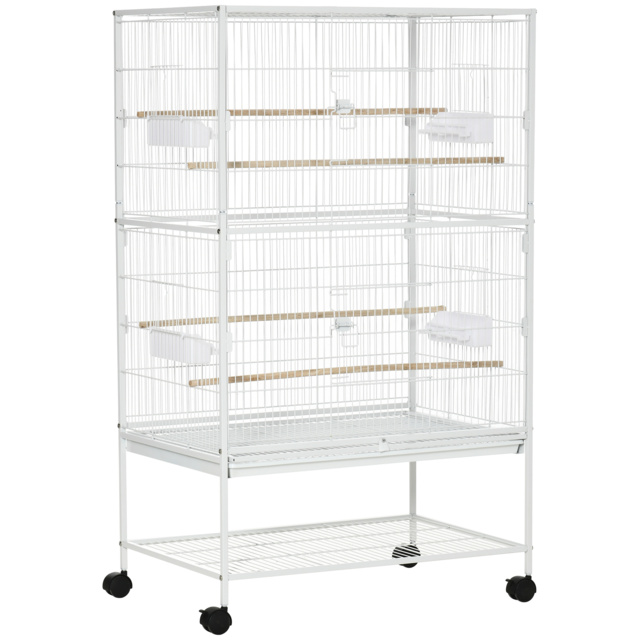 PawHut Large Aviary Bird Cage for Canaries, Budgies with Rolling Stand, Slide-out Cleaning Tray, Perch, Food Containers, White - Aosom UK - image 1