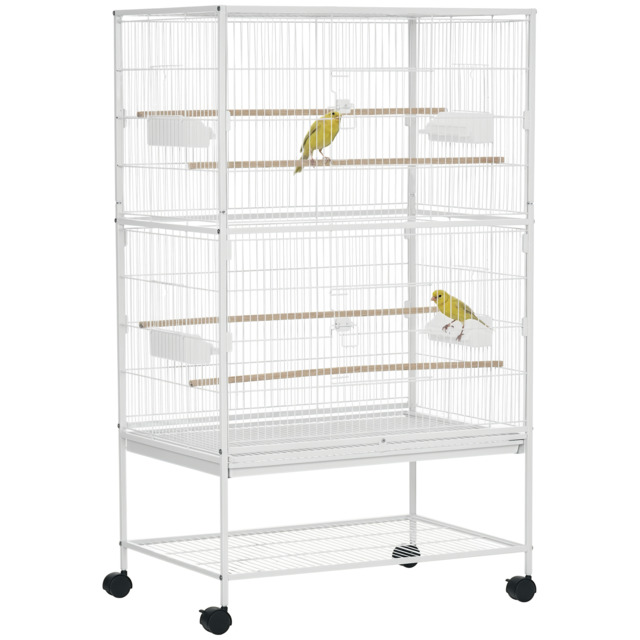 PawHut Large Aviary Bird Cage for Canaries, Budgies with Rolling Stand, Slide-out Cleaning Tray, Perch, Food Containers, White - Aosom UK - image 1