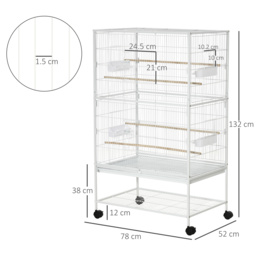 PawHut Large Aviary Bird Cage for Canaries, Budgies with Rolling Stand, Slide-out Cleaning Tray, Perch, Food Containers, White - Aosom UK - thumbnail 3