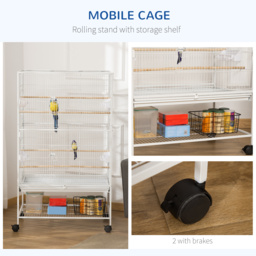 PawHut Large Aviary Bird Cage for Canaries, Budgies with Rolling Stand, Slide-out Cleaning Tray, Perch, Food Containers, White - Aosom UK - thumbnail 5