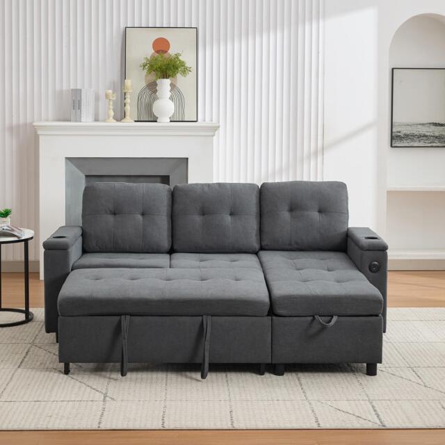 L-Shaped 3-Seater Sofa Bed with Hidden Storage, App-Controlled LED Light, Pull-Out Sofa for Compact Areas, 208L x 146W x 89.5H cm, Grey - Aosom UK - image 1
