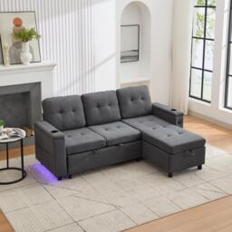 L-Shaped 3-Seater Sofa Bed with Hidden Storage, App-Controlled LED Light, Pull-Out Sofa for Compact Areas, 208L x 146W x 89.5H cm, Grey - Aosom UK - thumbnail 9