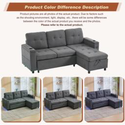 L-Shaped 3-Seater Sofa Bed with Hidden Storage, App-Controlled LED Light, Pull-Out Sofa for Compact Areas, 208L x 146W x 89.5H cm, Grey - Aosom UK - thumbnail 5