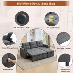 L-Shaped 3-Seater Sofa Bed with Hidden Storage, App-Controlled LED Light, Pull-Out Sofa for Compact Areas, 208L x 146W x 89.5H cm, Grey - Aosom UK - thumbnail 4