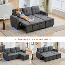 L-Shaped 3-Seater Sofa Bed with Hidden Storage, App-Controlled LED Light, Pull-Out Sofa for Compact Areas, 208L x 146W x 89.5H cm, Grey - Aosom UK - thumbnail 6