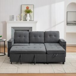 L-Shaped 3-Seater Sofa Bed with Hidden Storage, App-Controlled LED Light, Pull-Out Sofa for Compact Areas, 208L x 146W x 89.5H cm, Grey - Aosom UK - thumbnail 1