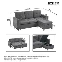 L-Shaped 3-Seater Sofa Bed with Hidden Storage, App-Controlled LED Light, Pull-Out Sofa for Compact Areas, 208L x 146W x 89.5H cm, Grey - Aosom UK - thumbnail 3
