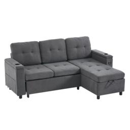 L-Shaped 3-Seater Sofa Bed with Hidden Storage, App-Controlled LED Light, Pull-Out Sofa for Compact Areas, 208L x 146W x 89.5H cm, Grey - Aosom UK - thumbnail 2