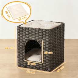 PawHut 2-Tier Wicker Cat House, Handwoven Rattan Cat Bed with Washable Cushions, Indoor Kitten Condo Hideaway - thumbnail 3