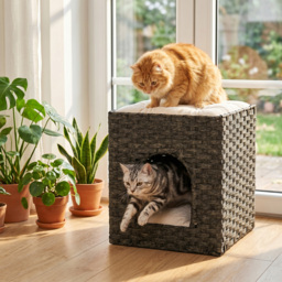 PawHut 2-Tier Wicker Cat House, Handwoven Rattan Cat Bed with Washable Cushions, Indoor Kitten Condo Hideaway - thumbnail 8
