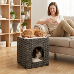 PawHut 2-Tier Wicker Cat House, Handwoven Rattan Cat Bed with Washable Cushions, Indoor Kitten Condo Hideaway - thumbnail 2