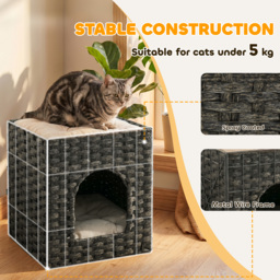 PawHut 2-Tier Wicker Cat House, Handwoven Rattan Cat Bed with Washable Cushions, Indoor Kitten Condo Hideaway - thumbnail 7