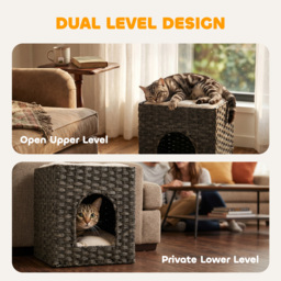 PawHut 2-Tier Wicker Cat House, Handwoven Rattan Cat Bed with Washable Cushions, Indoor Kitten Condo Hideaway - thumbnail 4