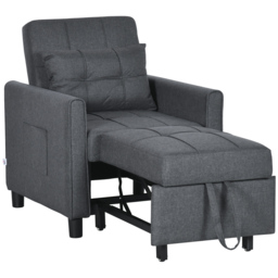 HOMCOM 3-In-1 Linen-Look Single Chair Bed with 11cm Thick Adjustable Back Fold Out Chair Bed with Eucalyptus Wood Sofa Frame - Grey - Aosom UK