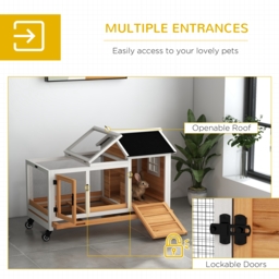 PawHut Wooden Rabbit Hutch, Guinea Pig Cage, with Removable Tray, Wheels - Yellow - thumbnail 5